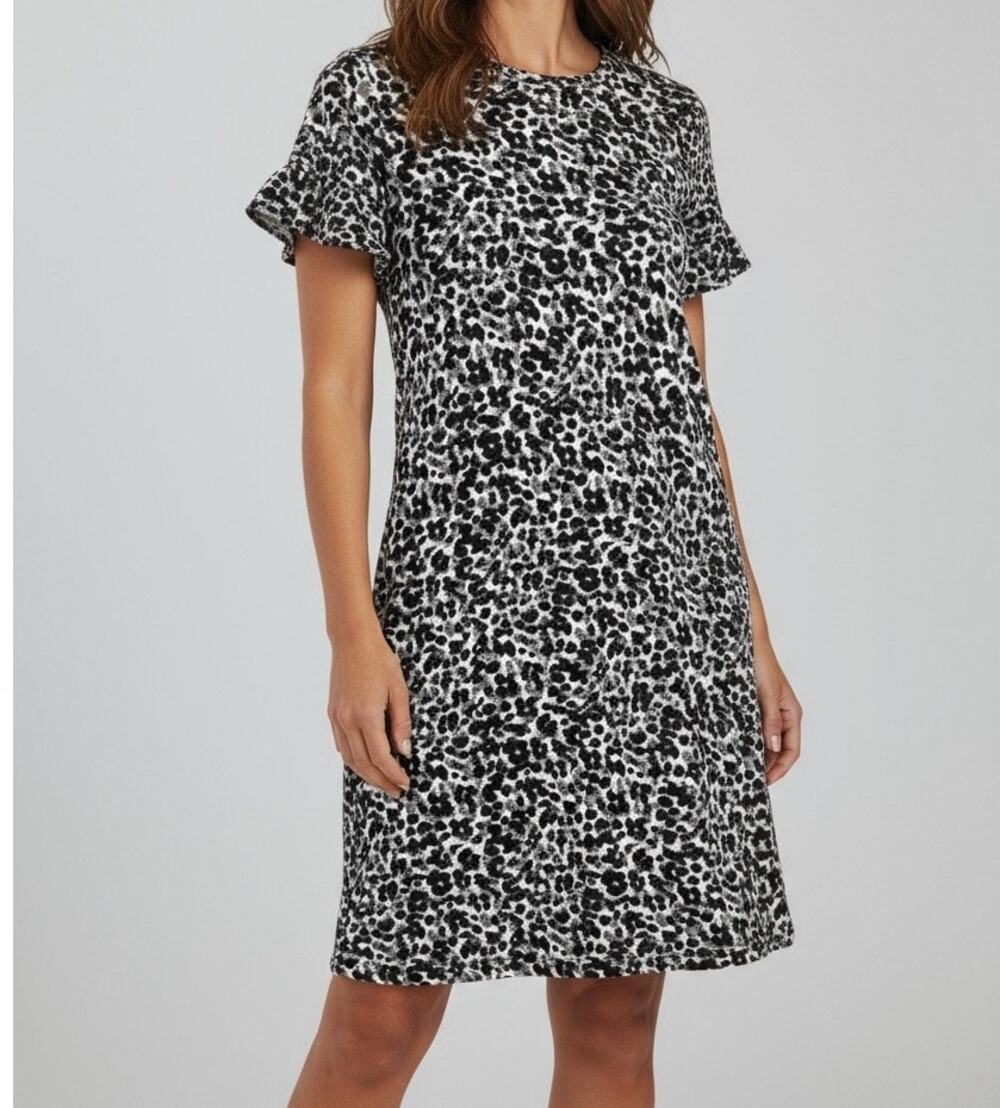 Ellen Tracy Medium Cap Sleeve Dress with Pockets Black Gray Animal Print